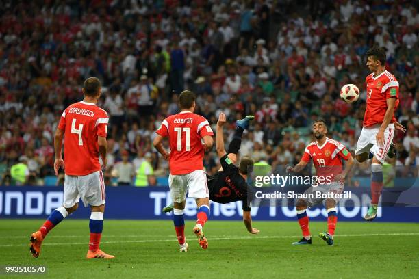 Andrej Kramaric of Croatia performs and overhead shot during the 2018 FIFA World Cup Russia Quarter Final match between Russia and Croatia at Fisht...