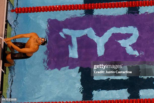 Jonathan Ericksen in the start of the men's 200m backstroke at the 2018 TYR Pro Series on July 7, 2018 in Columbus, Ohio.