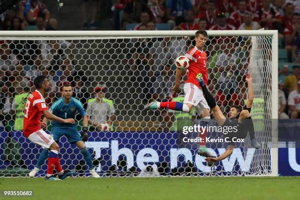 Andrej Kramaric of Croatia performs and overhead shot during the 2018 FIFA World Cup Russia Quarter Final match between Russia and Croatia at Fisht...