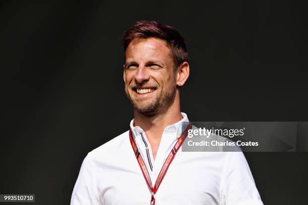 Former F1 driverJenson Button of Great Britain talks on the fan stage after qualifying for the Formula One Grand Prix of Great Britain at Silverstone...