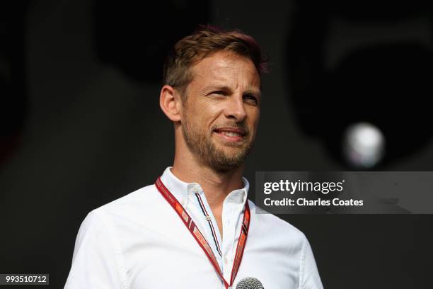 Former F1 driverJenson Button of Great Britain talks on the fan stage after qualifying for the Formula One Grand Prix of Great Britain at Silverstone...