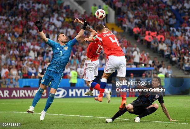 Igor Akinfeev of Russia clears the ball during the 2018 FIFA World Cup Russia Quarter Final match between Russia and Croatia at Fisht Stadium on July...