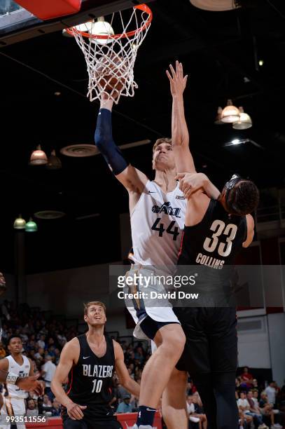 Isaac Haas of the Utah Jazz shoots the ball against the Portland Trail Blazers during the 2018 Las Vegas Summer League on July 7, 2018 at the Cox...