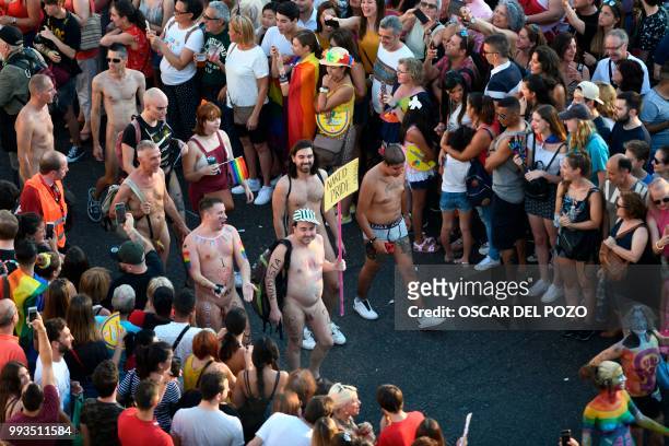 Graphic content / Naked revellers take part in the Gay Pride 2018 parade in Madrid, on July 7 one of the world's biggest.