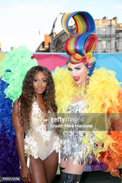 Alexandra Burke and Alyssa Edwards pose at the Trafalgar Square Stage during Pride In London on July 7, 2018 in London, England. It is estimated over...