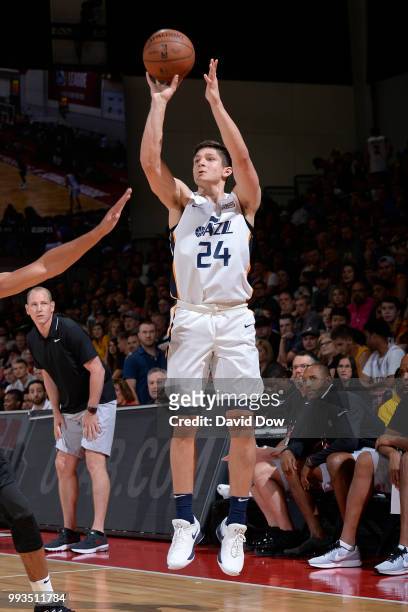 Grayson Allen of the Utah Jazz shoots the ball against the Portland Trail Blazers during the 2018 Las Vegas Summer League on July 7, 2018 at the Cox...