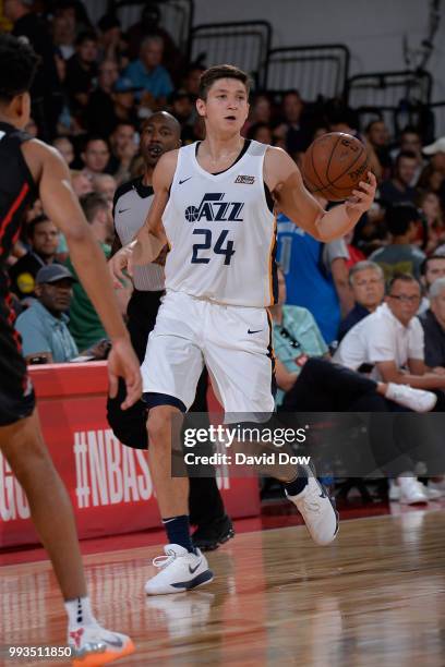 Grayson Allen of the Utah Jazz handles the ball against the Portland Trail Blazers during the 2018 Las Vegas Summer League on July 7, 2018 at the Cox...