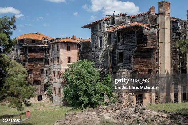 The exterior of the dilapidated Prinkipo Greek Orthodox Orphanage, is seen on July 7, 2018 in Buyukada, Turkey. The historic 20,000-square-meter...