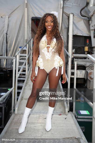 Alexandra Burke backstage after her performance on the Trafalgar Square Stage during Pride In London on July 7, 2018 in London, England. It is...