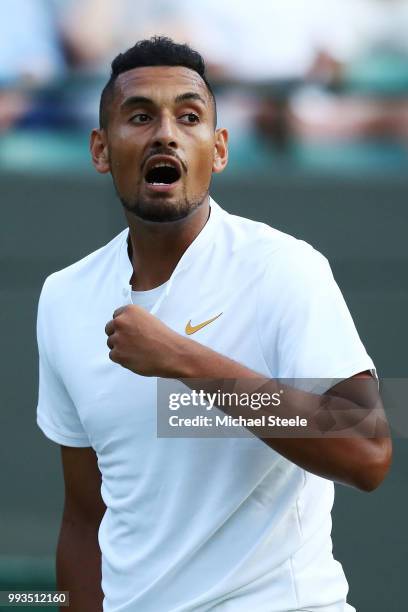 Nick Kyrgios of Australia reacts against Kei Nishikori of Japan during their Men's Singles third round match on day six of the Wimbledon Lawn Tennis...