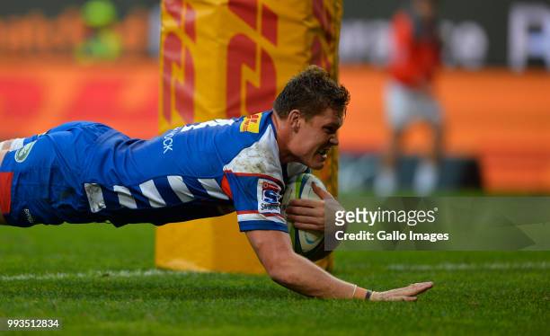 Cobus Wiese of the Stormers score a try during the Super Rugby match between DHL Stormers and Cell C Sharks at DHL Newlands on July 07, 2018 in Cape...