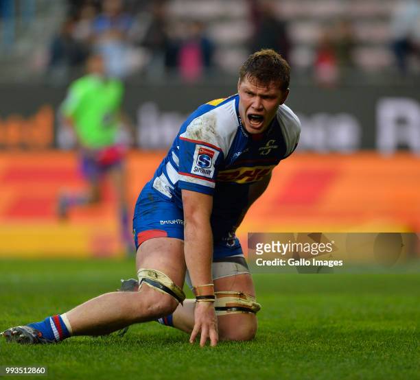 Cobus Wiese of the Stormers celerbates after scoring a try during the Super Rugby match between DHL Stormers and Cell C Sharks at DHL Newlands on...