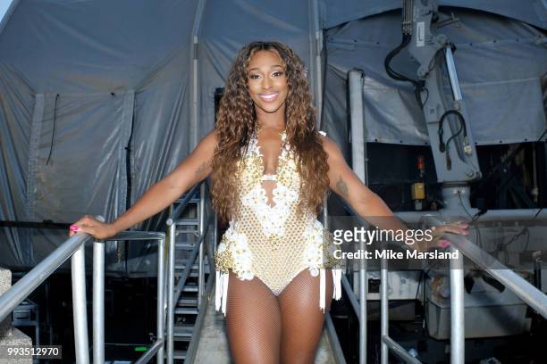 Alexandra Burke backstage after her performance on the Trafalgar Square Stage during Pride In London on July 7, 2018 in London, England. It is...