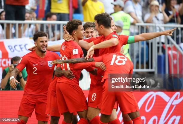 Dele Alli of England celebrates his goal with Kyle Walker, John Stones, Harry Maguire during the 2018 FIFA World Cup Russia Quarter Final match...