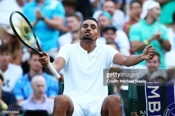 Nick Kyrgios of Australia reacts against Kei Nishikori of Japan during their Men's Singles third round match on day six of the Wimbledon Lawn Tennis...