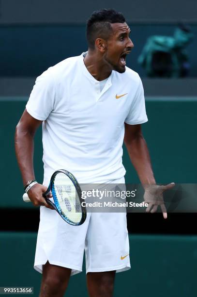 Nick Kyrgios of Australia reacts against Kei Nishikori of Japan during their Men's Singles third round match on day six of the Wimbledon Lawn Tennis...