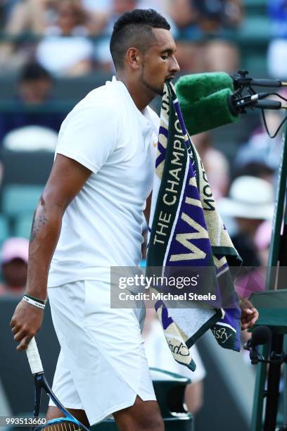 Nick Kyrgios of Australia reacts against Kei Nishikori of Japan during their Men's Singles third round match on day six of the Wimbledon Lawn Tennis...