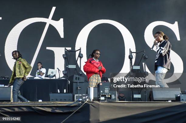 Offset, Takeoff and Quavo of Migos perform on the Main Stage during Wireless Festival 2018 at Finsbury Park on July 7, 2018 in London, England.