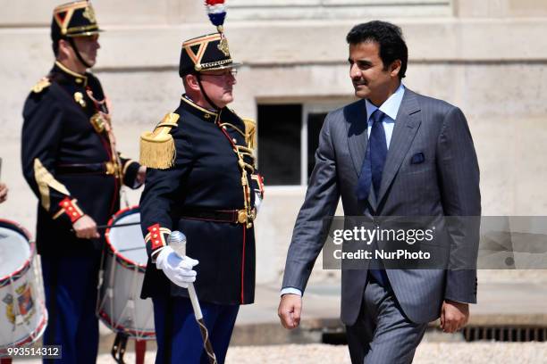 Qatar Sheikh Tamim bin Hamad Al Thani arrives the Elysee palace after a meeting with French president on July 6 in Paris.