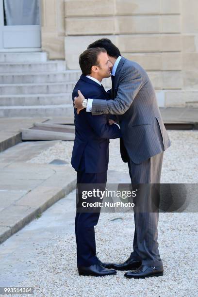 French President Emmanuel Macron welcomes Emir of Qatar Sheikh Tamim bin Hamad Al Thani at the Elysee Palace in Paris, France on July 06, 2018.