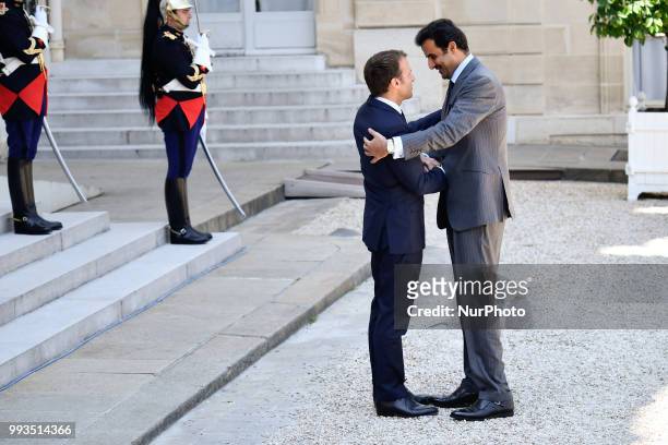 French President Emmanuel Macron welcomes Emir of Qatar Sheikh Tamim bin Hamad Al Thani at the Elysee Palace in Paris, France on July 06, 2018.