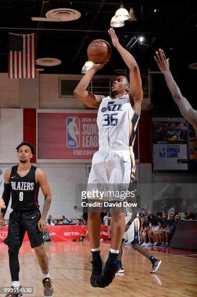 Malcolm Hill of the Utah Jazz shoots the ball against the Portland Trail Blazers during the 2018 Las Vegas Summer League on July 7, 2018 at the Cox...