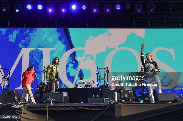 Takeoff, Offset and Quavo of Migos perform on the Main Stage during Wireless Festival 2018 at Finsbury Park on July 7, 2018 in London, England.