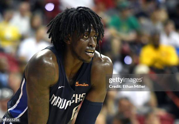 Johnathan Motley of the Dallas Mavericks stands on the court during a 2018 NBA Summer League game against the Phoenix Suns at the Thomas & Mack...
