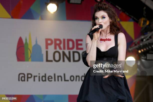 Sophie Ellis-Bextor performs on the Trafalgar Square Stage during Pride In London on July 7, 2018 in London, England. It is estimated over 1 million...