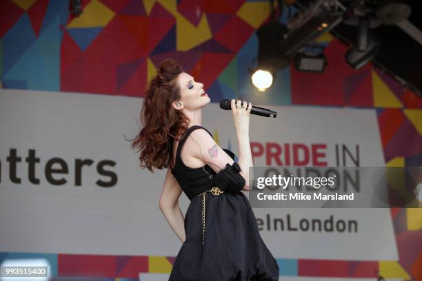 Sophie Ellis-Bextor performs on the Trafalgar Square Stage during Pride In London on July 7, 2018 in London, England. It is estimated over 1 million...