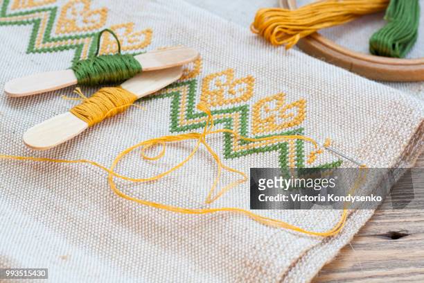 ukrainian embroidery on linen. - ukrainian culture stock pictures, royalty-free photos & images
