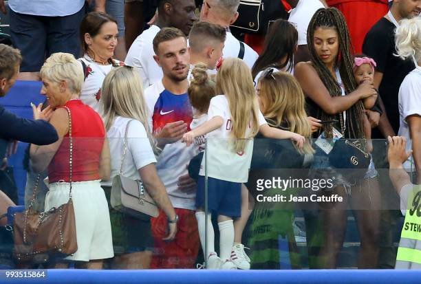 Jordan Henderson of England and his wife Rebecca Burnett and kids following the 2018 FIFA World Cup Russia Quarter Final match between Sweden and...