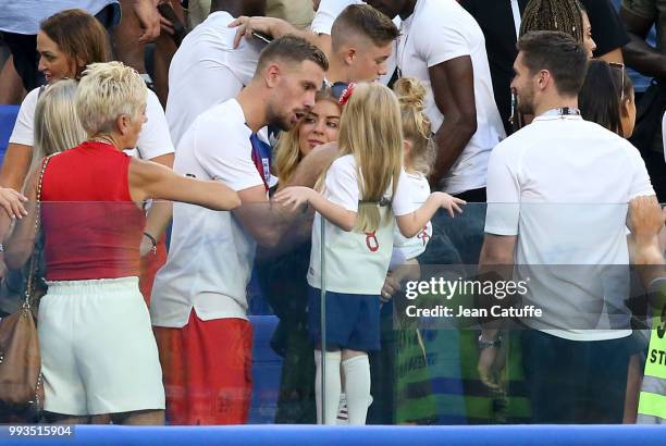 Jordan Henderson of England and his wife Rebecca Burnett and kids following the 2018 FIFA World Cup Russia Quarter Final match between Sweden and...