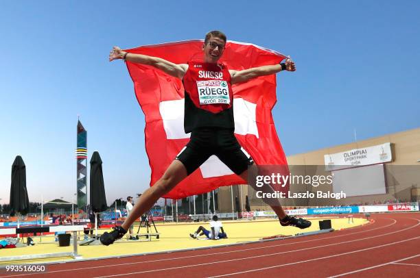 Nick Ruegg of Switzerland celebrates after he won bronze medal at the 110m Hurdles competition during European Atletics U18 European Championship on...