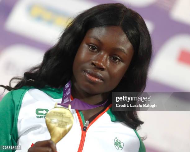 Rhasidat Adeleke of Ireland reacts as she wins the 200m run final during European Athletics U18 European Championship July 7, 2018 in Gyor, Hungary.