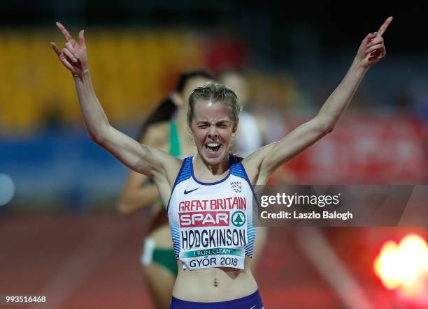 Keely Hodgkinson of Great Britain reacts as she wins the 800m run final during European Athletics U18 European Championship July 7, 2018 in Gyor,...