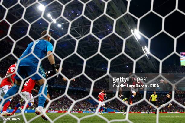 Domagoj Vida of Croatia scores his team's second goal during the 2018 FIFA World Cup Russia Quarter Final match between Russia and Croatia at Fisht...
