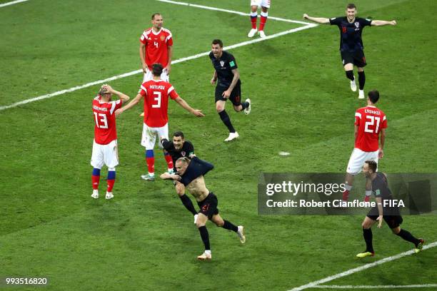 Domagoj Vida of Croatia celebrates with team mates Dejan Lovren and Vedran Corluka after scoring his team's second goal during the 2018 FIFA World...