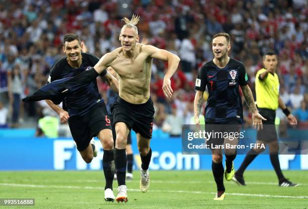 Domagoj Vida of Croatia celebrates with team mates Dejan Lovren and Ivan Rakitic after scoring his team's second goal during the 2018 FIFA World Cup...