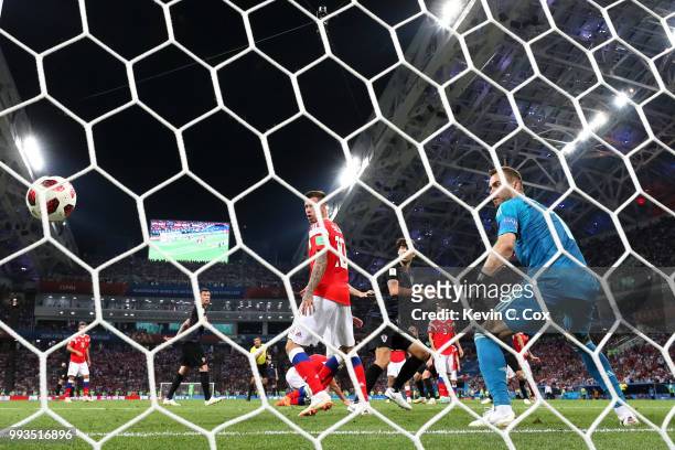 Fedor Smolov and goalkeeper Igor Akinfeev of Russia looks back as ball goes in the net as Domagoj Vida scores his sides second goal as Vedran Corluka...
