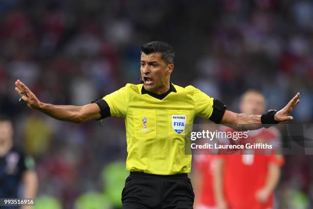 Referee Sandro Ricci gestures during the 2018 FIFA World Cup Russia Quarter Final match between Russia and Croatia at Fisht Stadium on July 7, 2018...