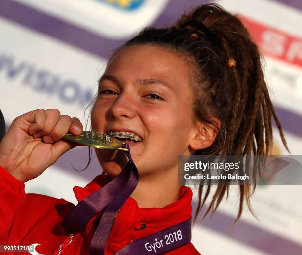 Barbora Malikova of Czech Republic reacts as she won 400m run final during European Athletics U18 European Championship July 7, 2018 in Gyor, Hungary.