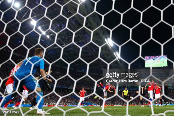 Domagoj Vida of Croatia scores his team's second goal during the 2018 FIFA World Cup Russia Quarter Final match between Russia and Croatia at Fisht...