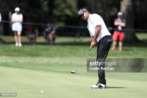 Anirban Lahiri of India putts on the eighth hole during round three of A Military Tribute At The Greenbrier held at the Old White TPC course on July...