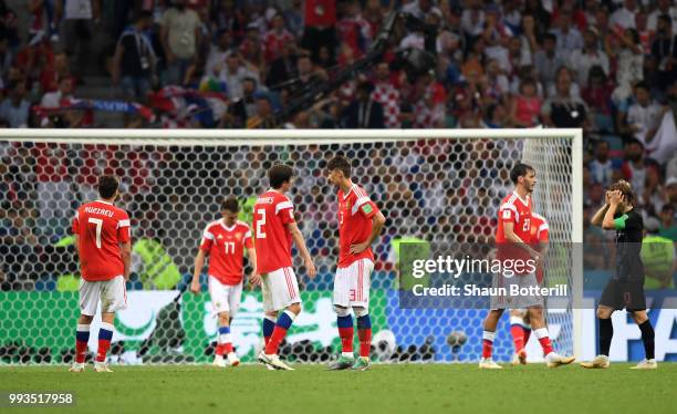 Russia palyers look dejected following Croatia second goal during the 2018 FIFA World Cup Russia Quarter Final match between Russia and Croatia at...