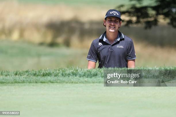 Kelly Kraft reacts after hiting out of the bunker on the sixth hole during round three of A Military Tribute At The Greenbrier held at the Old White...