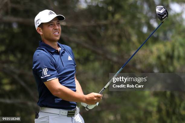 Xander Schauffele tees off the sixth hole during round three of A Military Tribute At The Greenbrier held at the Old White TPC course on July 7, 2018...