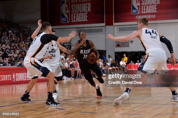 Archie Goodwin of the Portland Trail Blazers handles the ball against the Utah Jazz during the 2018 Las Vegas Summer League on July 7, 2018 at the...