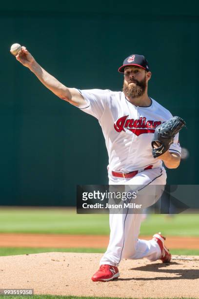 Starting pitcher Corey Kluber of the Cleveland Indians pitches during the first inning against the Oakland Athletics at Progressive Field on July 7,...