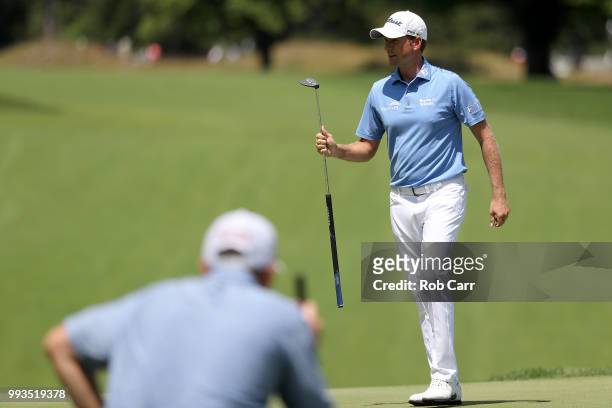 Webb Simpson on the sixth green during round three of A Military Tribute At The Greenbrier held at the Old White TPC course on July 7, 2018 in White...